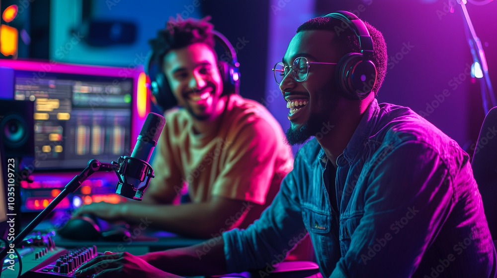 Engaging Discussion Between Two Radio Hosts in a Colorful, Light-Filled Podcast Studio.. Engaging Discussion Between Two Radio Hosts in a Colorful, Light-Filled Podcast Studio..