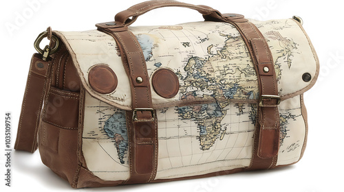 Travel inspired shoulder bag with world map design, featuring multiple pockets for organization and stylish leather finish. Perfect for adventurers and travelers photo