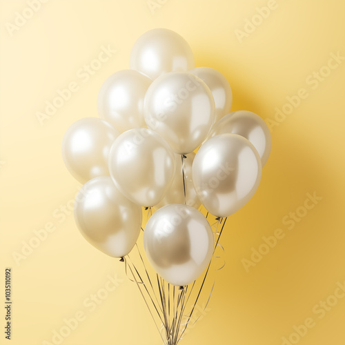 Bunch of silver balloons on yellow background for party invite or birthday card