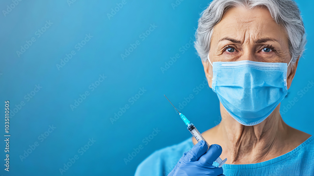 Senior woman with vaccine syringe, blue background Senior woman with vaccine syringe, blue background