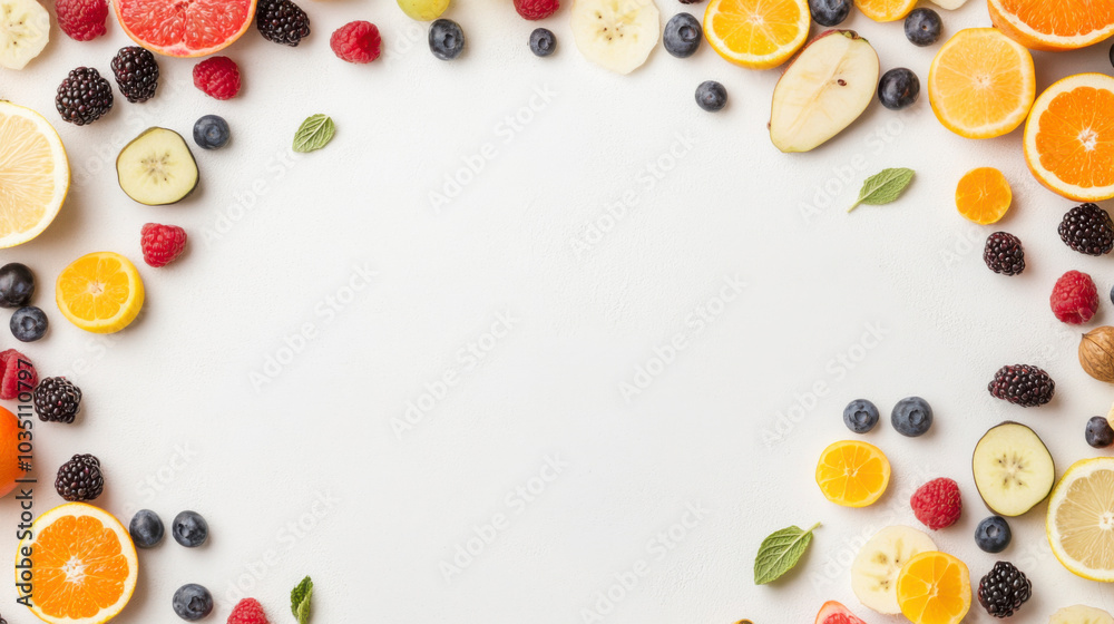 Une bordure de fruits frais, soigneusement disposés, laissant un espace central blanc, une lumière naturelle éclatante Une bordure de fruits frais, soigneusement disposés, laissant un espace central blanc, une lumière naturelle éclatante