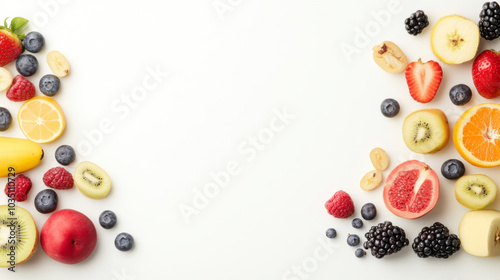 Une bordure de fruits frais, soigneusement disposés, laissant un espace central blanc, une lumière naturelle éclatante photo