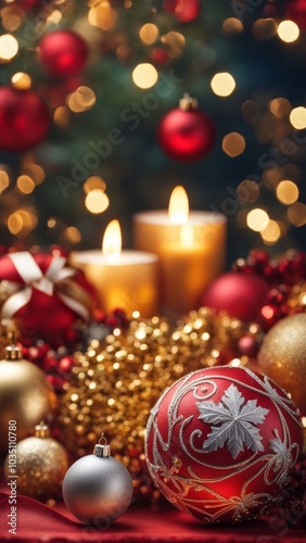 Christmas ornaments, candles, and gift on red fabric with bokeh lights in the background. Holiday vertical decor and celebration concept