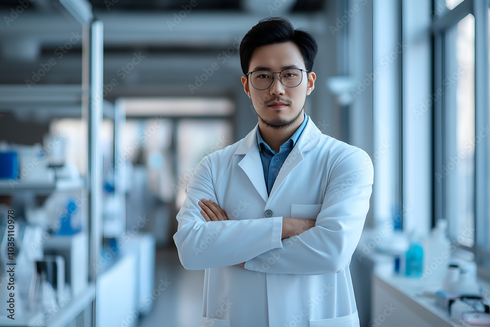 A confident scientist in a lab coat, standing in a modern laboratory, People photography A confident scientist in a lab coat, standing in a modern laboratory, People photography