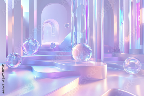 Dreamy Abstract 3d Glass Room with Floating Spheres