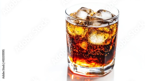 A glass of dark fizzy beverage with ice cubes, refreshing and inviting.