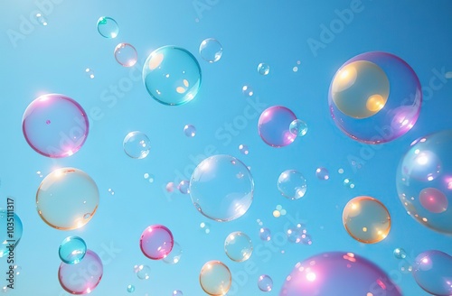 A bunch of colorful bubbles floating in the sky. The bubbles are of different colors and sizes, creating a vibrant and playful atmosphere. The blue sky serves as a backdrop, emphasizing the bright