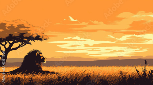 A silhouette of a lion resting in the grass, with the savanna in the background.A silhouette of a lion resting in the grass, with the savanna in the background.