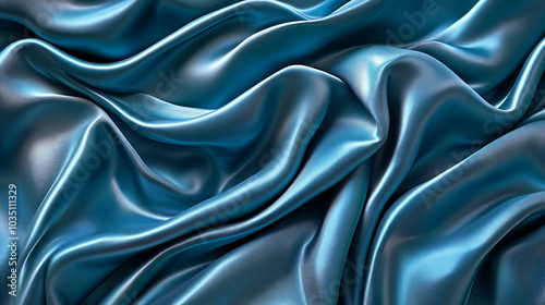 Blue silky fabric flowing in smooth waves and creating elegant folds in a soft light. photo