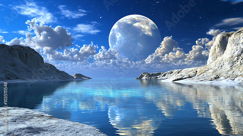 surreal landscape of Earth featuring glowing second moon above tranquil body of water, surrounded by rocky formations and starry sky. scene evokes sense of wonder and tranquility photo