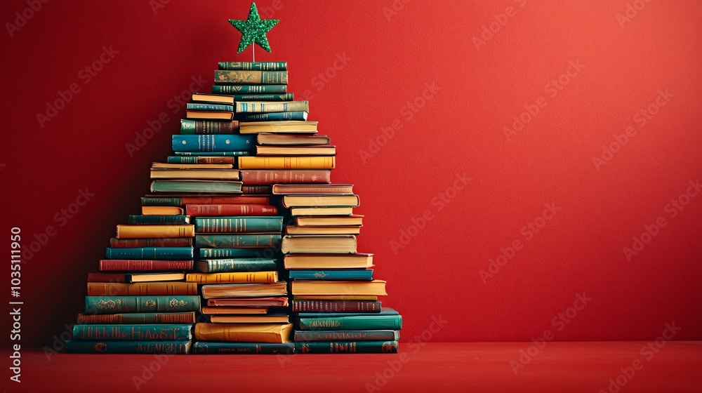 A creative stack of colorful books shaped like a Christmas tree, perfect for holiday promotions, festive decor, and seasonal reading events. A creative stack of colorful books shaped like a Christmas tree, perfect for holiday promotions, festive decor, and seasonal reading events.