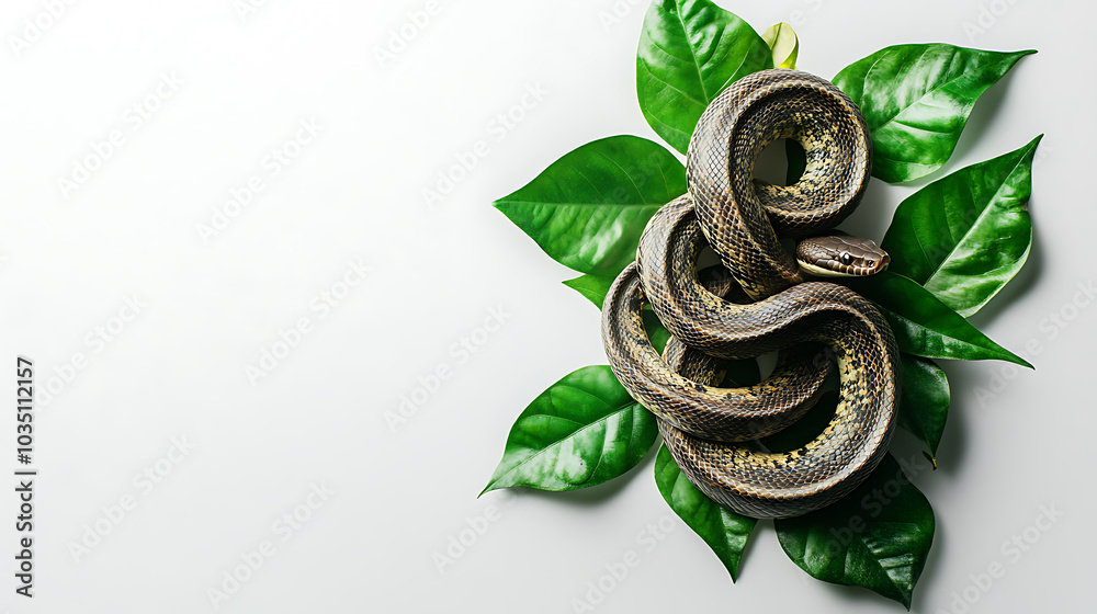 moccasin snake gracefully intertwined with lush green leaves, showcasing beauty of nature. contrast between snakes scales and vibrant foliage creates striking visual moccasin snake gracefully intertwined with lush green leaves, showcasing beauty of nature. contrast between snakes scales and vibrant foliage creates striking visual