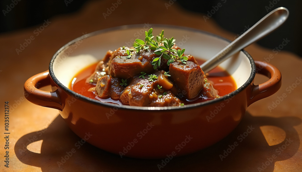 Traditional Beef Stew with Bread in a Rustic Setting Traditional Beef Stew with Bread in a Rustic Setting