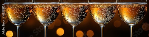 Elegant champagne flutes filled with bubbly champagne, perfect for Christmas and New Year celebrations, events, and upscale parties.