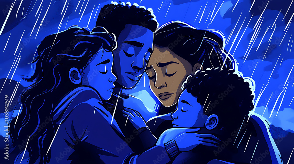 family huddled together in safe room during storm, showcasing love and unity amidst chaos. Their expressions reflect comfort and resilience in challenging times family huddled together in safe room during storm, showcasing love and unity amidst chaos. Their expressions reflect comfort and resilience in challenging times
