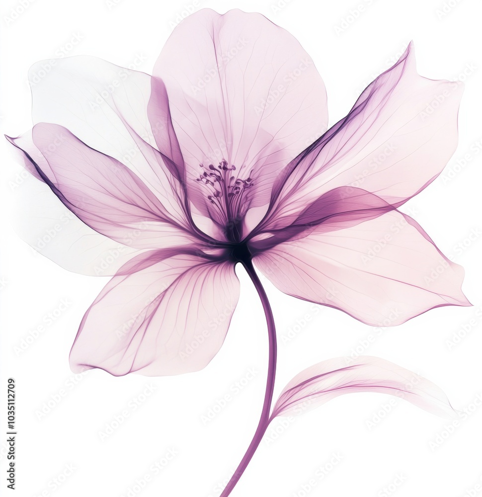 Delicate purple flower with translucent petals against a white background Delicate purple flower with translucent petals against a white background