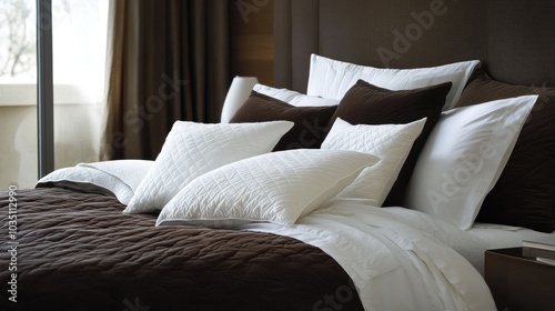 Cozy Bed with Brown and White Bedding