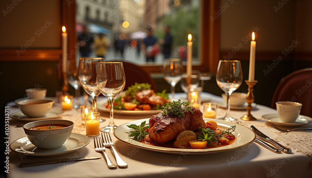 Elegant Dinner with Wine in a Candlelit Restaurant Elegant Dinner with Wine in a Candlelit Restaurant