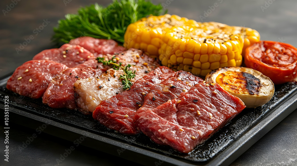 Grilled Steak, Corn, Egg, and Tomatoes: A Delicious Meal on a Black Plate Grilled Steak, Corn, Egg, and Tomatoes: A Delicious Meal on a Black Plate