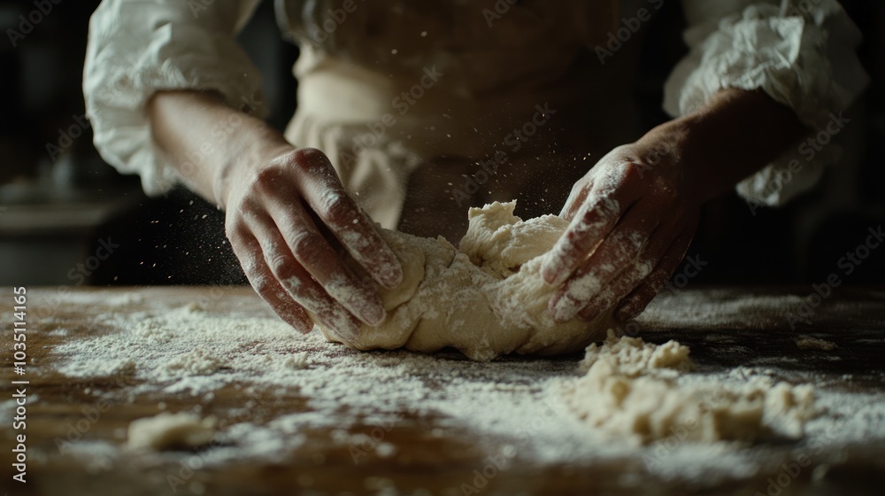Close-up of Hands Kneading Dough with Flour Dust Close-up of Hands Kneading Dough with Flour Dust