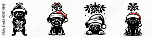 Pug in santa hat awkwardly stuck under mistletoe
