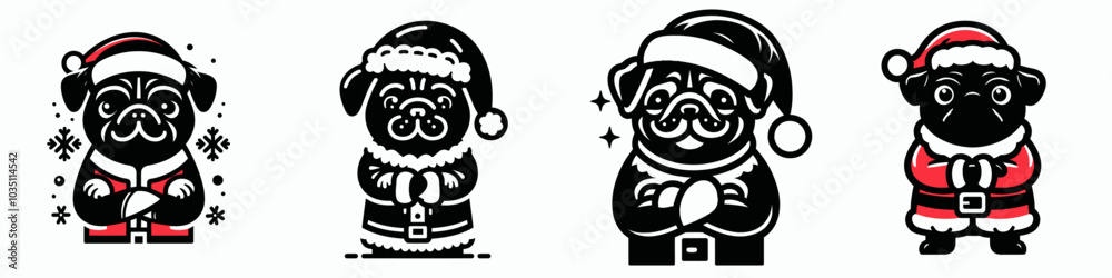 Fototapeta premium Pug dog in santa claus costume smiling joyfully
