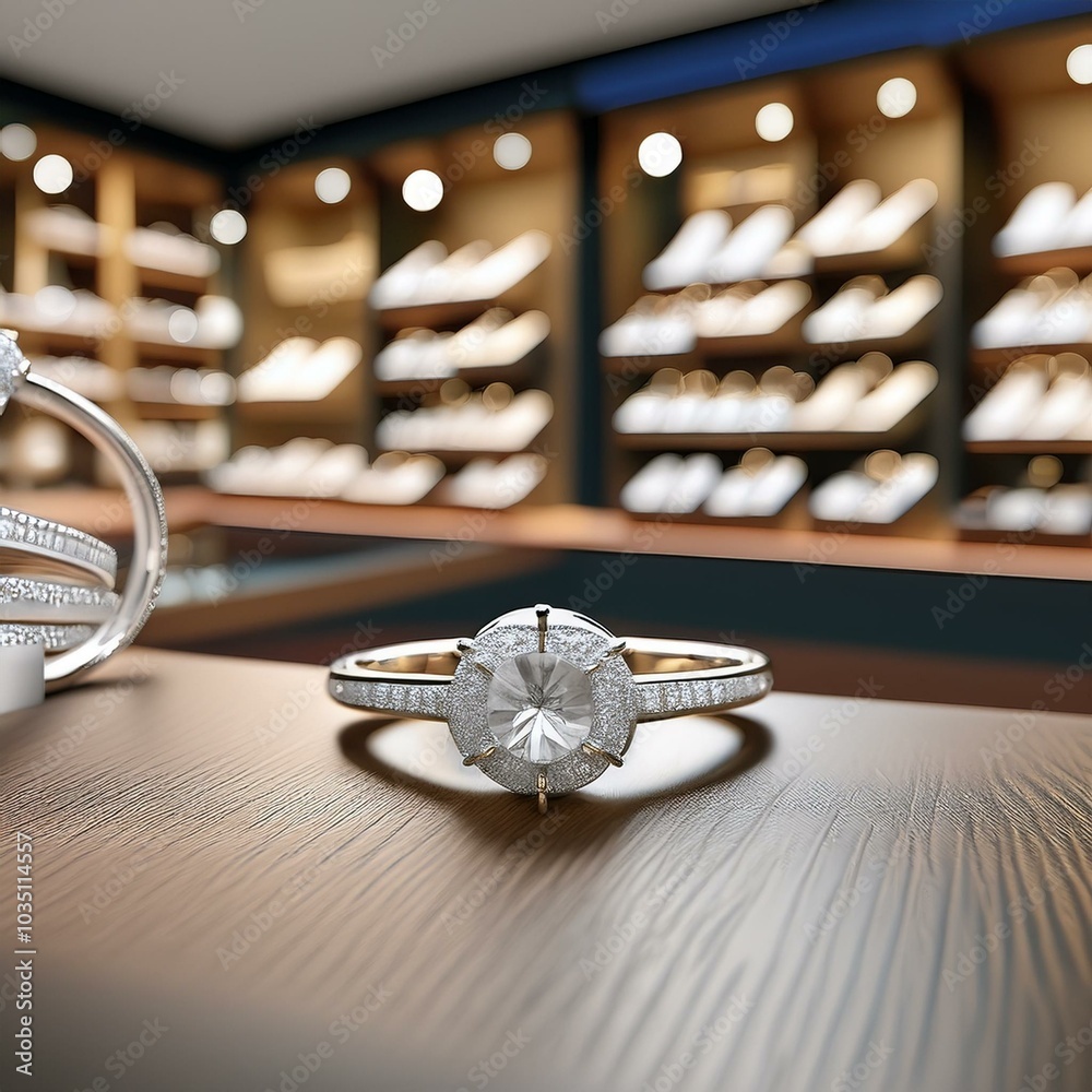 A close-up view of a jewelry store counter, focusing on a diamond ring with other rings blurred in the background. The elegant display highlights the brilliance of the gemstones, creating a luxurious A close-up view of a jewelry store counter, focusing on a diamond ring with other rings blurred in the background. The elegant display highlights the brilliance of the gemstones, creating a luxurious