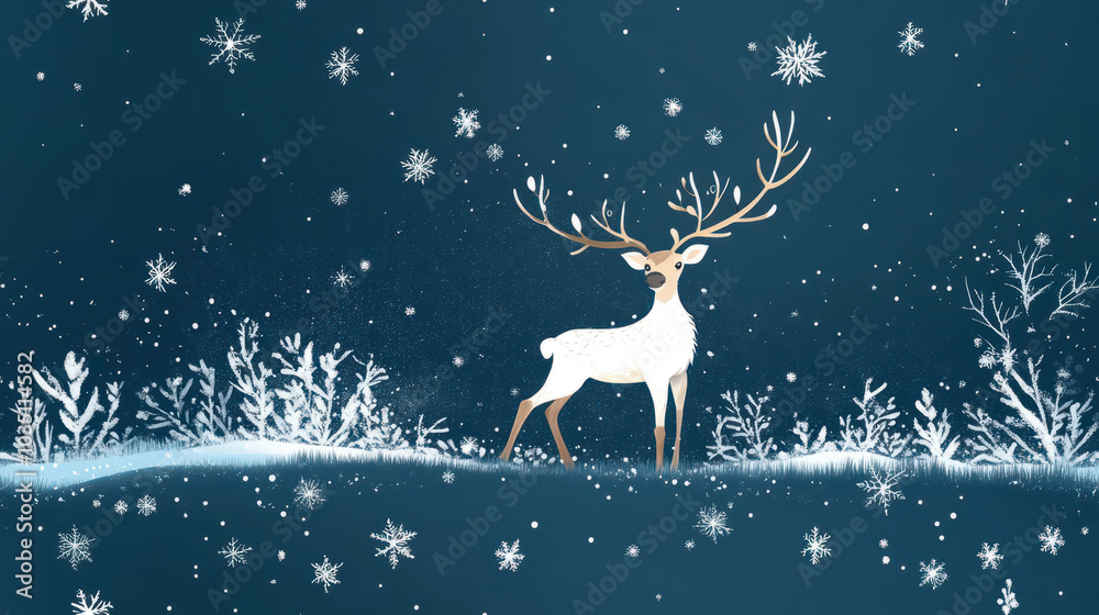 serene winter scene featuring majestic reindeer standing amidst falling snowflakes and delicate snow covered plants. tranquil atmosphere evokes sense of holiday magic serene winter scene featuring majestic reindeer standing amidst falling snowflakes and delicate snow covered plants. tranquil atmosphere evokes sense of holiday magic