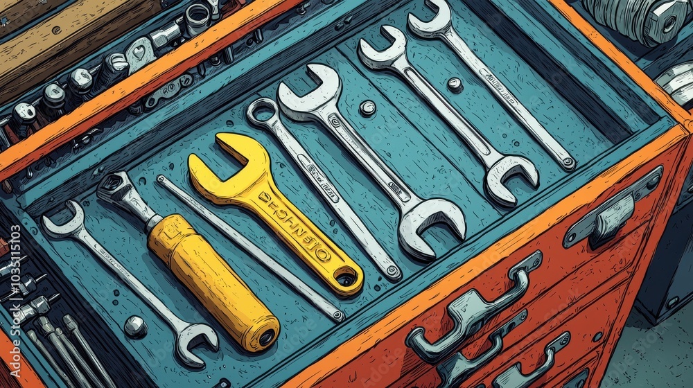 Flat Design Cartoon: Santa's Tool Chest with Wrenches & Bolts - Clean Pastel Background Flat Design Cartoon: Santa's Tool Chest with Wrenches & Bolts - Clean Pastel Background
