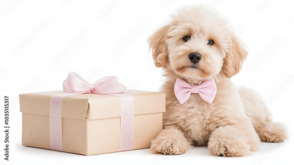 Obraz premium fluffy puppy with pink bow tie sits beside beautifully wrapped gift box, exuding charm and joy. This adorable scene captures essence of celebration and companionship