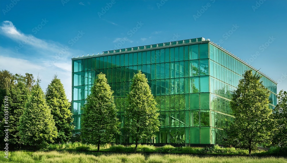 A modern glass building surrounded by lush greenery and clear blue skies, showcasing contemporary architecture. A modern glass building surrounded by lush greenery and clear blue skies, showcasing contemporary architecture.