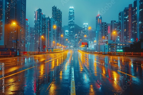 Night cityscape of wet road and illuminated skyscrapers in the rain.