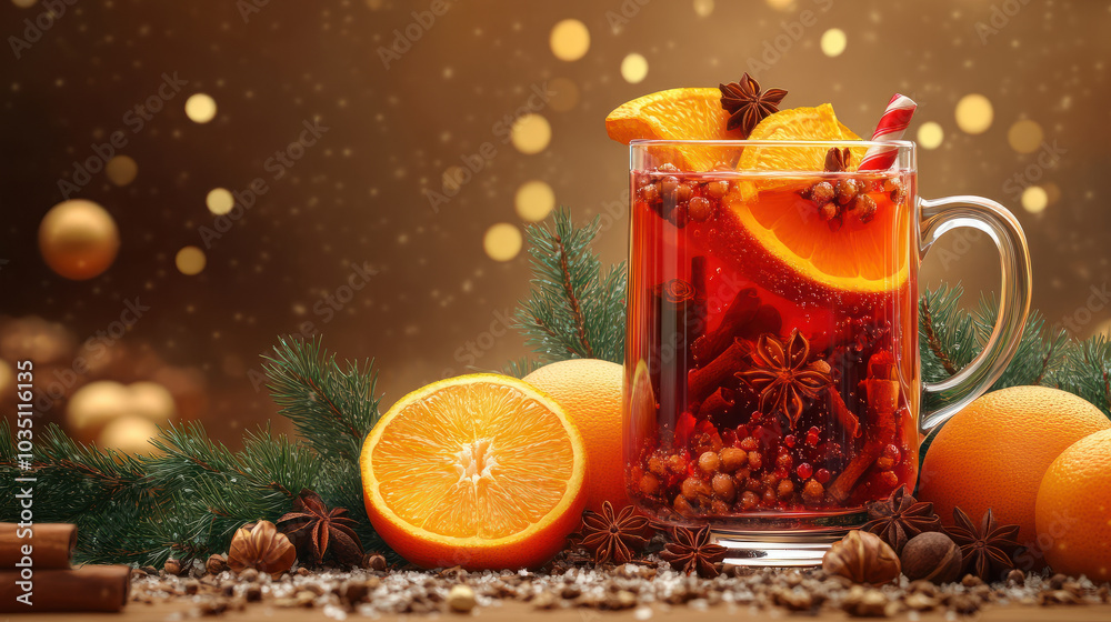 warm glass of mulled wine garnished with orange slices and spices, surrounded by fresh oranges and festive decorations, evokes cozy holiday atmosphere warm glass of mulled wine garnished with orange slices and spices, surrounded by fresh oranges and festive decorations, evokes cozy holiday atmosphere