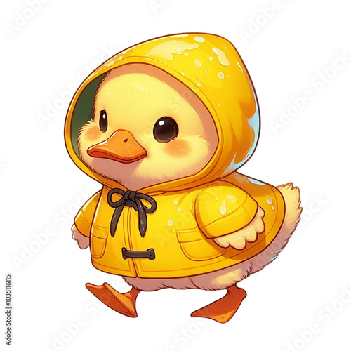 Adorable Duckling in Yellow Raincoat Walking Cheerfully