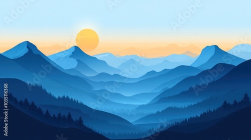 Beautiful vector landscape featuring a sunrise over mountains and valleys