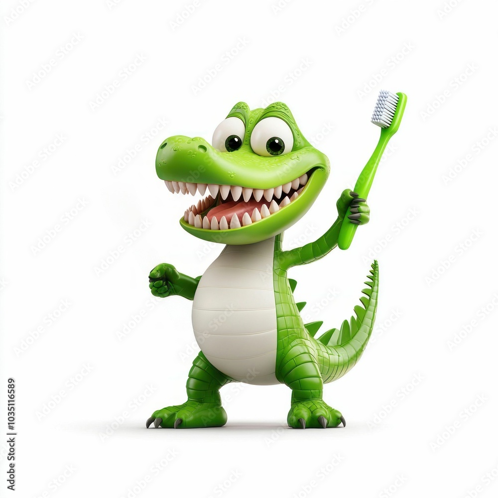 Fototapeta premium Cartoon crocodile holding a toothbrush on white background