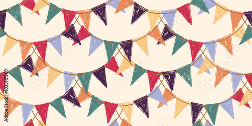 Seamless pattern festive flag garland. Retro bunting in simple, brush strokes. Colored carnival, birthday, circus border decoration. Vector Seamless pattern String Flag.