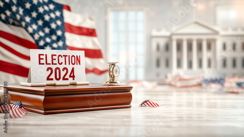 Election 2024 sign is displayed on wooden podium with hourglass and american flag, evoking concept of upcoming usa elections