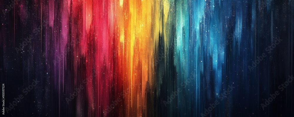 A colorful painting of a city skyline with a rainbow in the sky A colorful painting of a city skyline with a rainbow in the sky