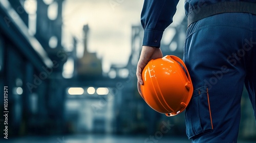 Worker Holding Orange Helmet in Factory