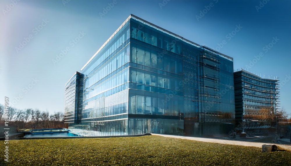 Obraz premium A modern glass-building surrounded by greenery under a clear blue sky, showcasing contemporary architecture and construction work in progress.