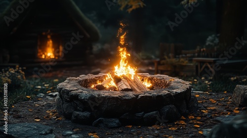 Cozy Stone Fire Pit with Burning Flames and Cabin in the Background