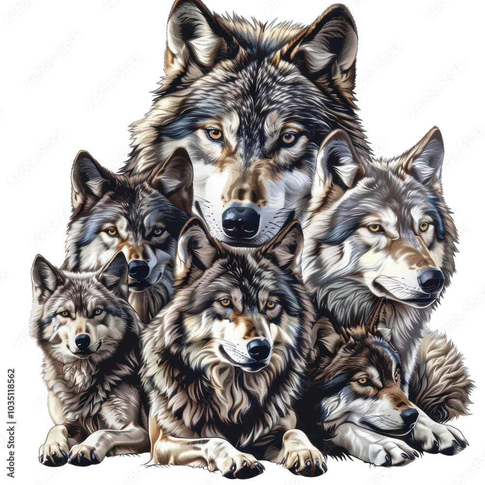 A stunning illustration of a pack of wolves showcasing their beauty and strength in a natural setting.