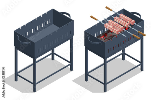An isometric barbecue grill, showcasing food being cooked over the flame. The scene highlights the joy of outdoor BBQ, with sizzling meats and veggies perfect for a relaxed cooking experience.