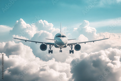 Airplane in the flight, travel background with airplane flying in the blue sky over the clouds. Flying airplane with blank livery
