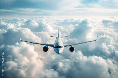 Airplane in the flight, travel background with airplane flying in the blue sky over the clouds. Flying airplane with blank livery
