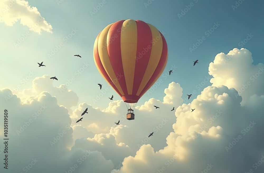 Fototapeta premium A hot air balloon floats in a cloudy sky as a large flock of birds fly below it.