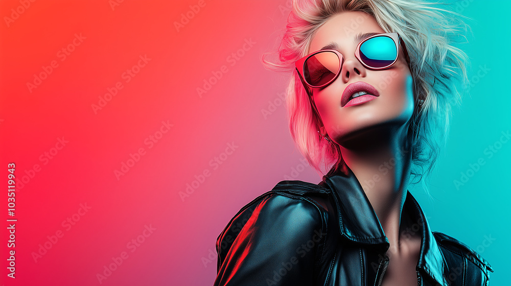 Fashion model with blond hair is posing in a studio wearing sunglasses and a leather jacket Fashion model with blond hair is posing in a studio wearing sunglasses and a leather jacket