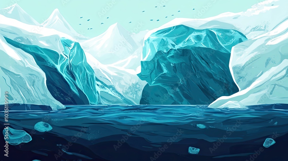 Fototapeta premium A blue iceberg split in two by the sea with a view of a mountain range in the background.