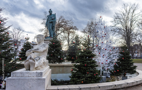 Champ de Mars Park in Colmar and its Christmas trees. Alsacia, France photo